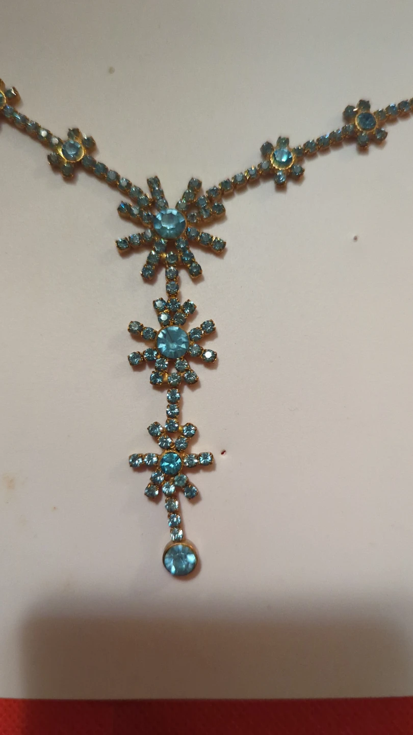 Gold tone blue rhinestone necklace, earrings, and bangles set - photo 2