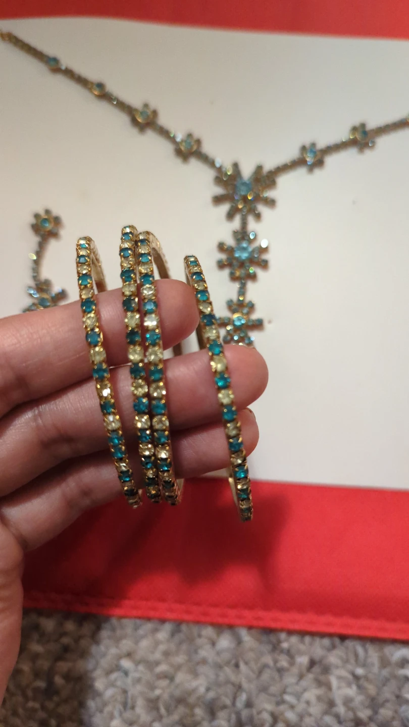 Gold tone blue rhinestone necklace, earrings, and bangles set - photo 3
