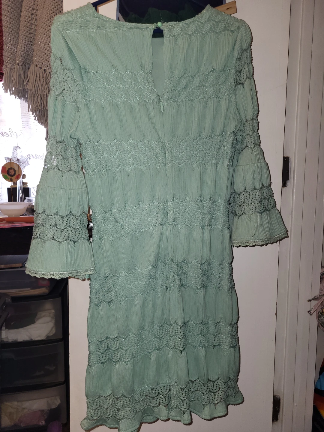 Light Green Textured Midi Dress with Bell Sleeves
