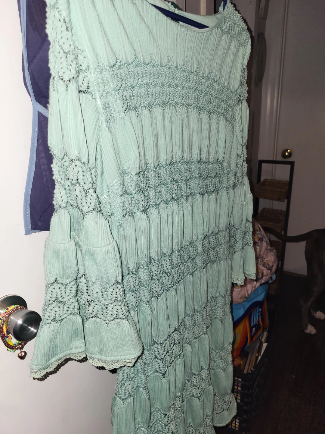 Light Green Textured Midi Dress with Bell Sleeves - photo 2