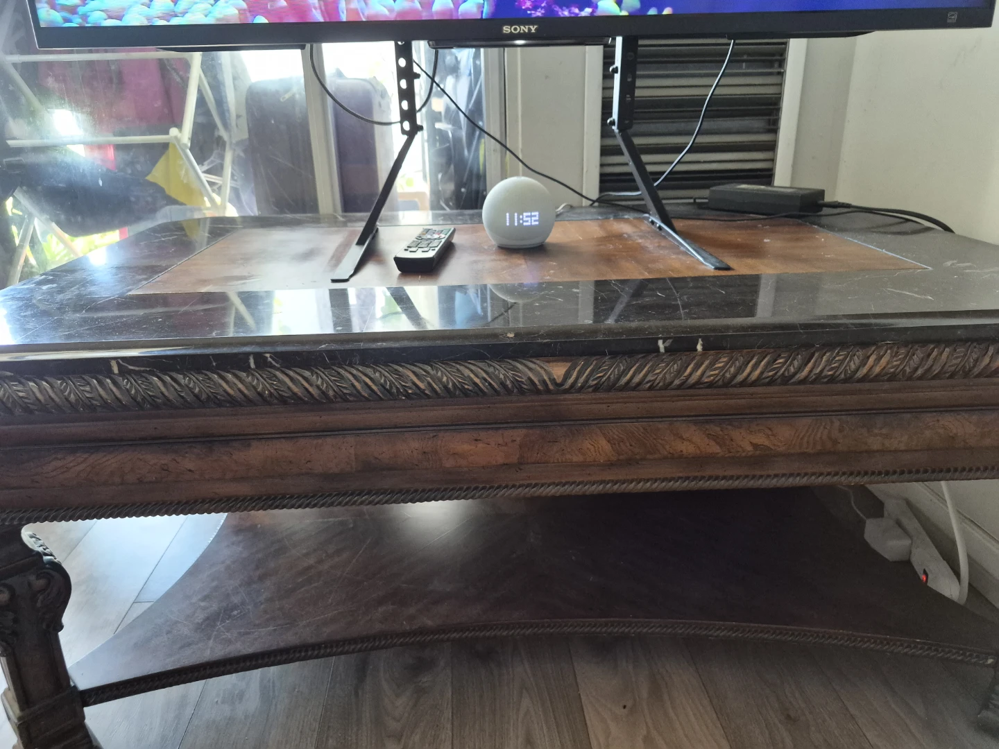 Ornate Wood Coffee Table with Marble Inlay