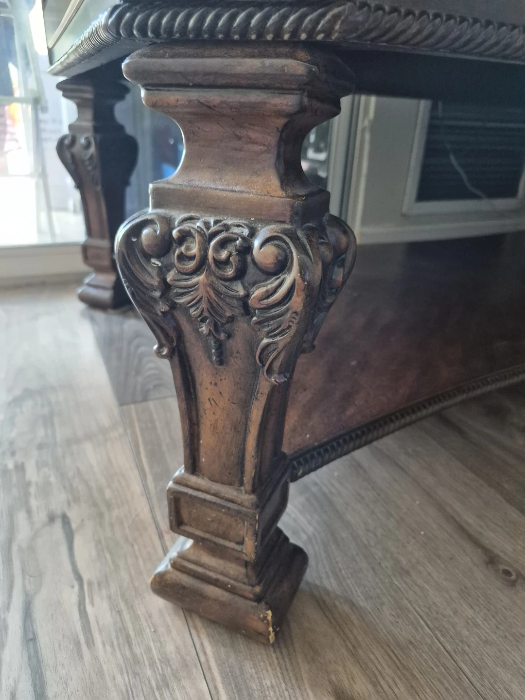 Ornate Wood Coffee Table with Marble Inlay - photo 3