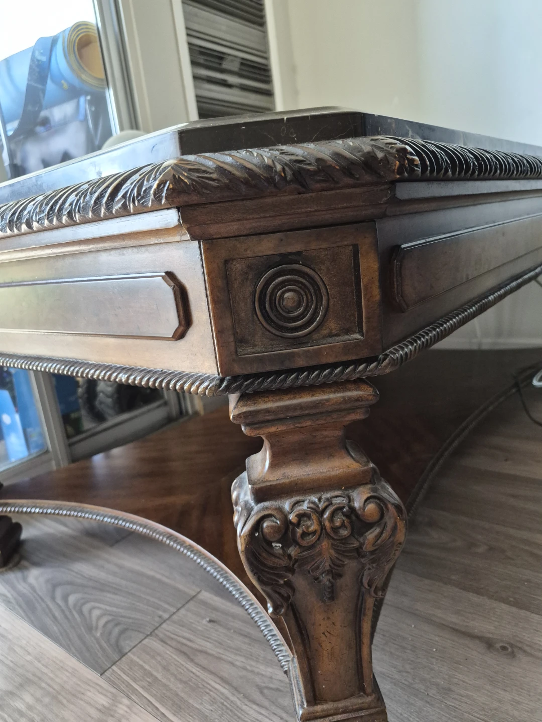 Ornate Wood Coffee Table with Marble Inlay - photo 5