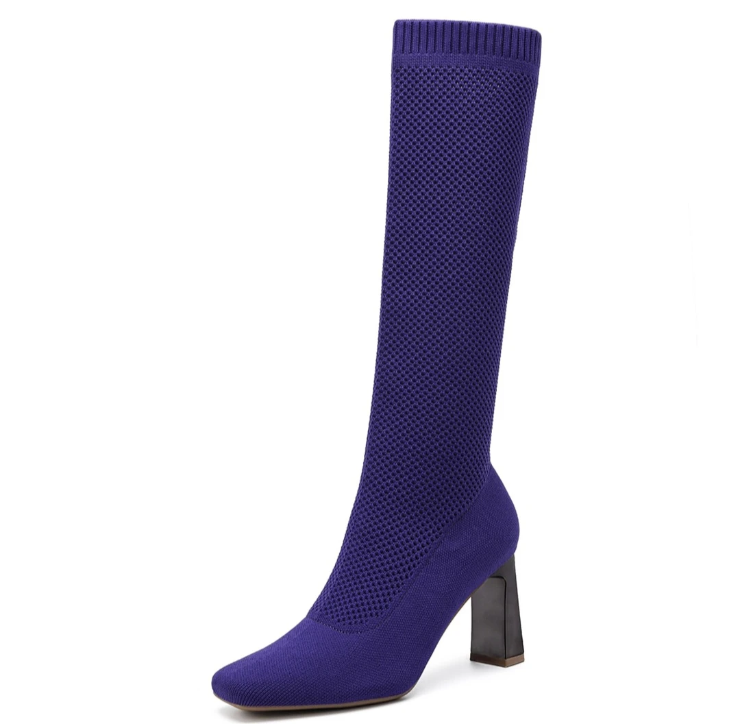 Purple Knee-High Knit Block Heel Boots - photo 5