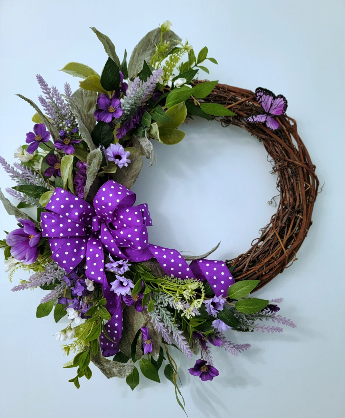 Purple Floral Easter Wreath with Bunny and Butterfly