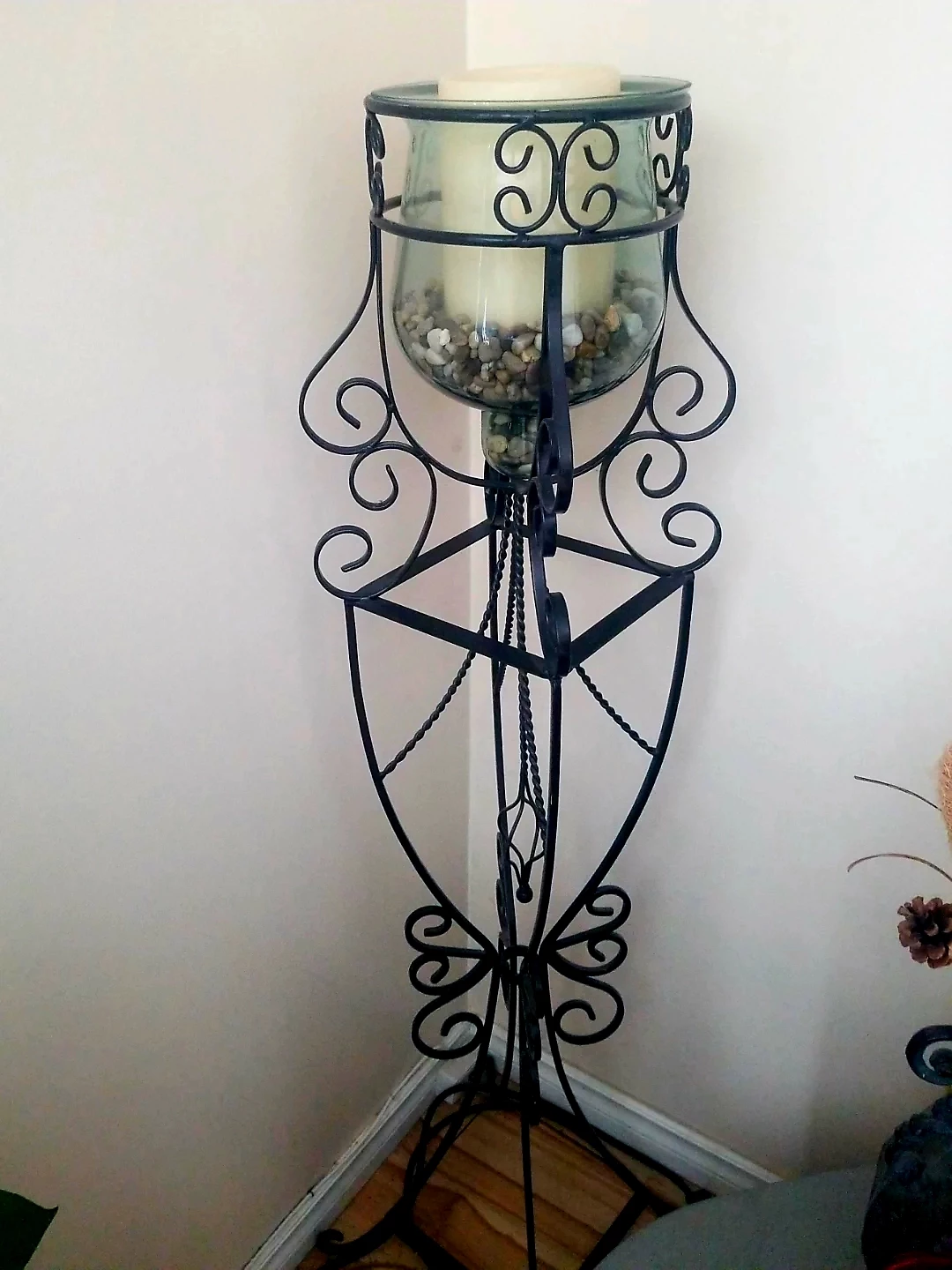 Wrought Iron Candle Holder with Glass Vase and Pebbles