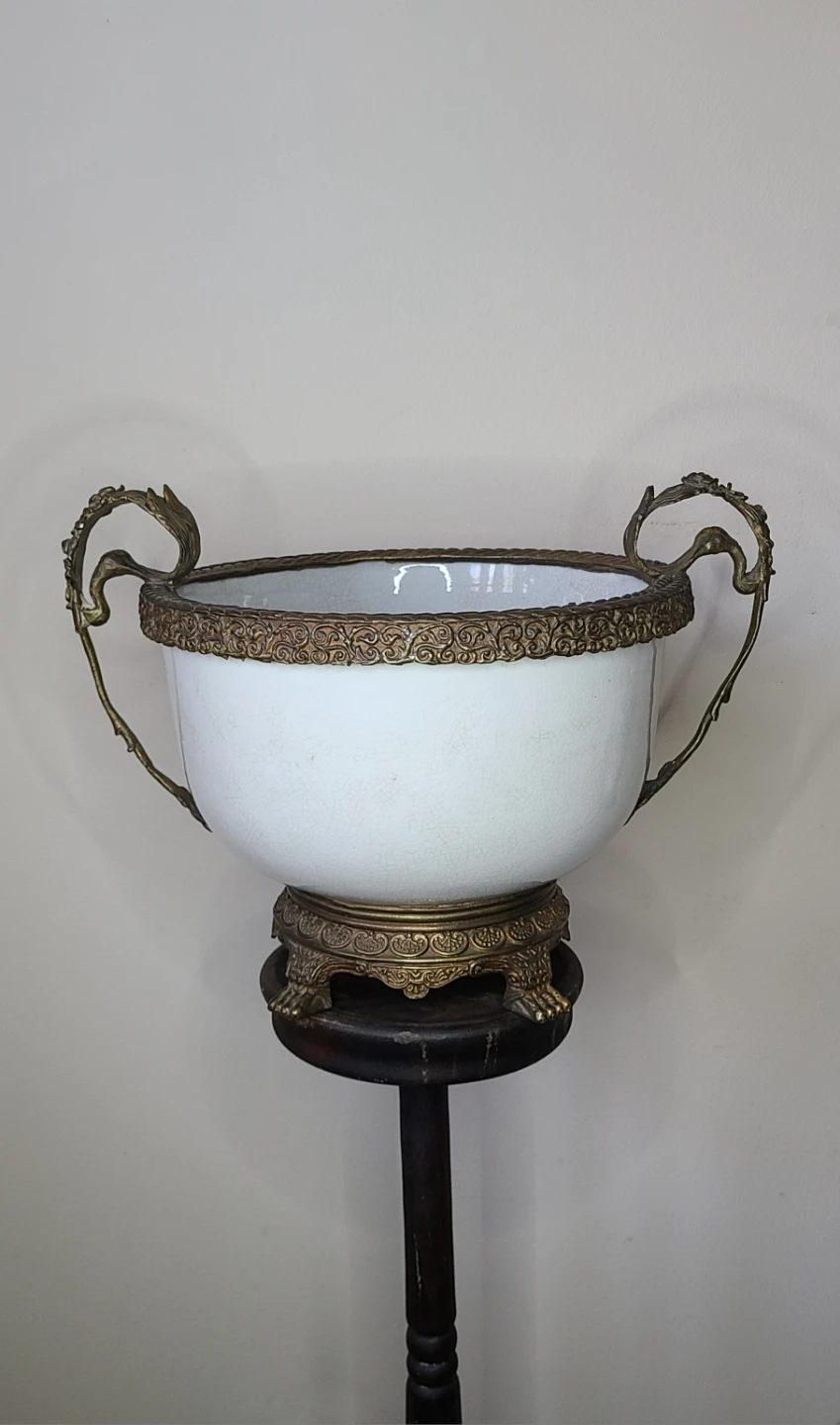 Vintage Centerpiece Bowl Cracked Glaze & Bronze