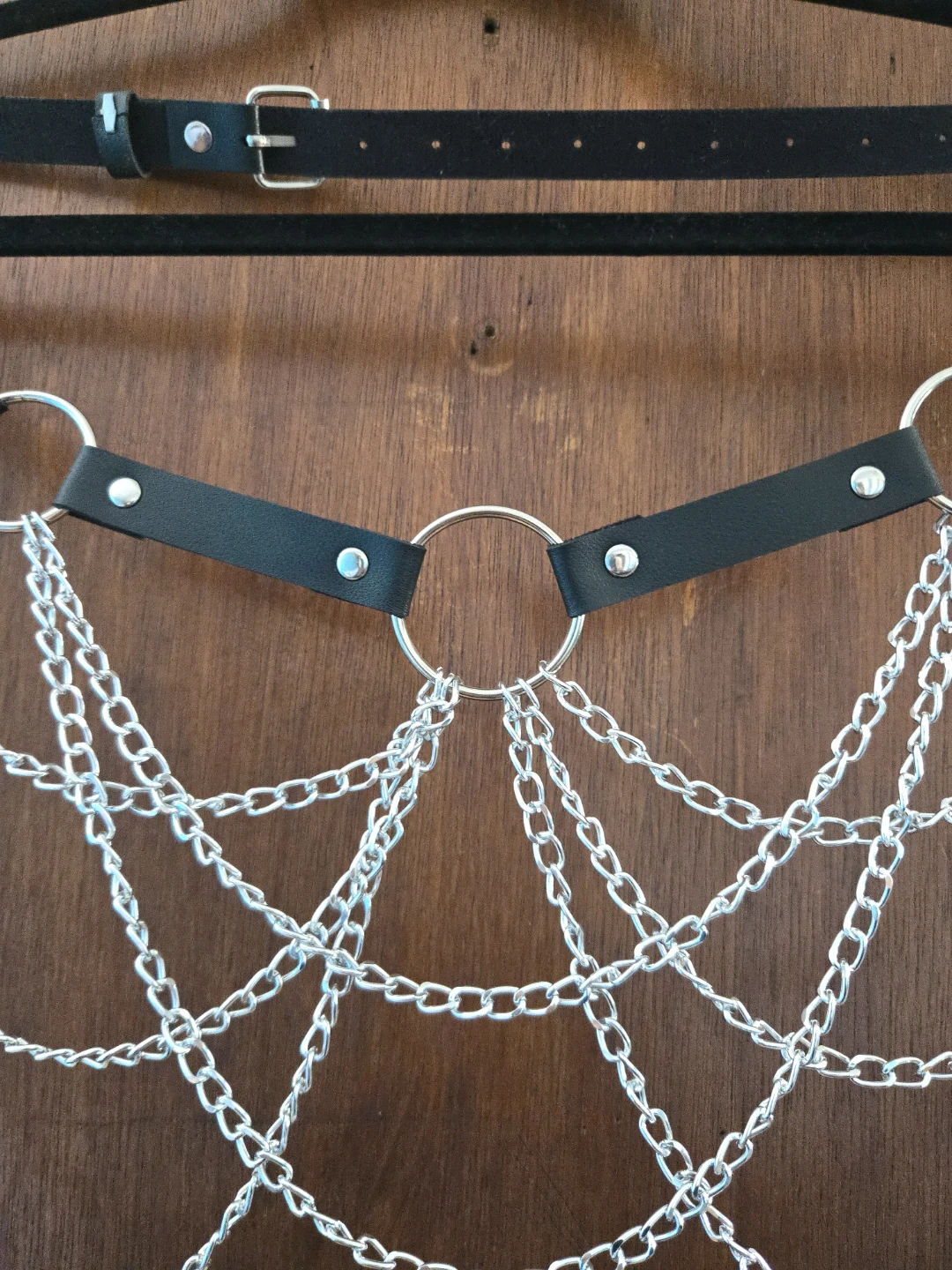 Black Faux Leather Harness with Silver Chains - photo 4
