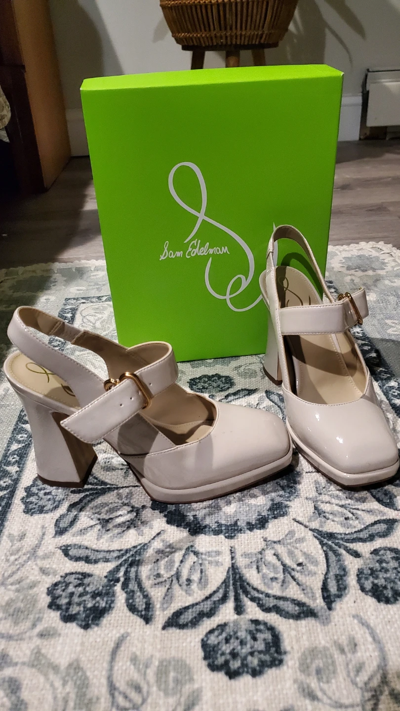 Sam Edelman Beige Patent Leather Block Heel Mary Jane Shoes