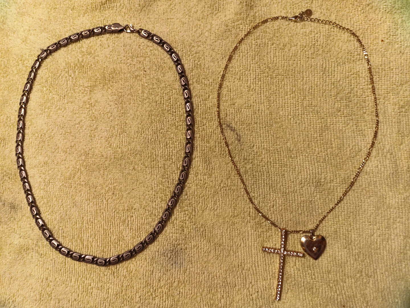 Silver Tone Chain Necklace and Cross/Heart Pendant Necklace Set