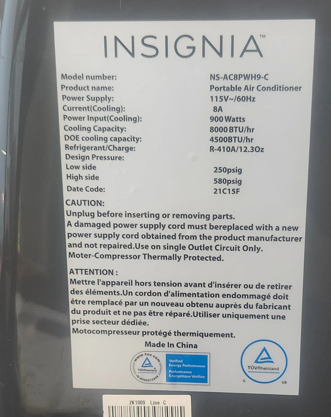 Insignia Portable Air Conditioner NS-AC8PWH9-C - photo 2