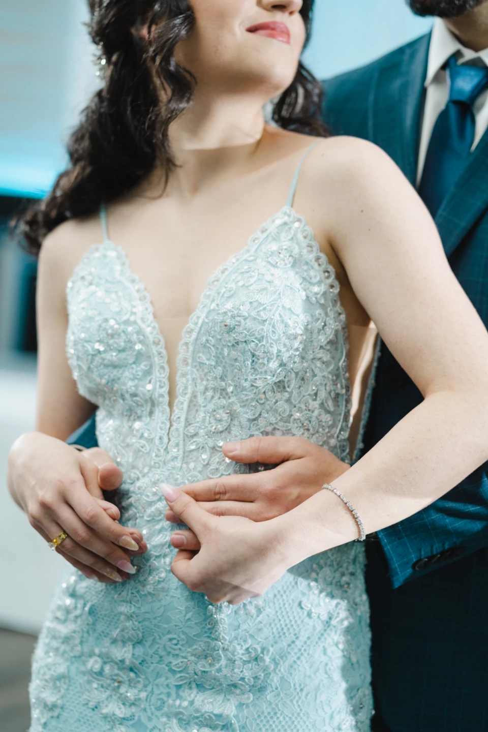 Light Blue Beaded Lace Gown with High Slit