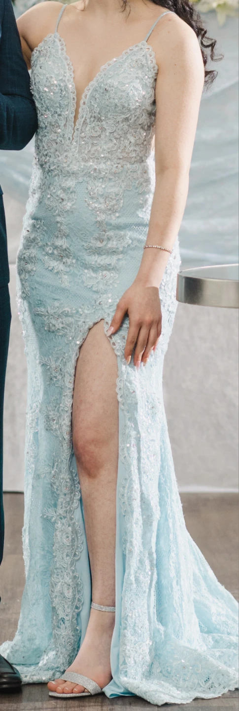 Light Blue Beaded Lace Gown with High Slit - photo 2