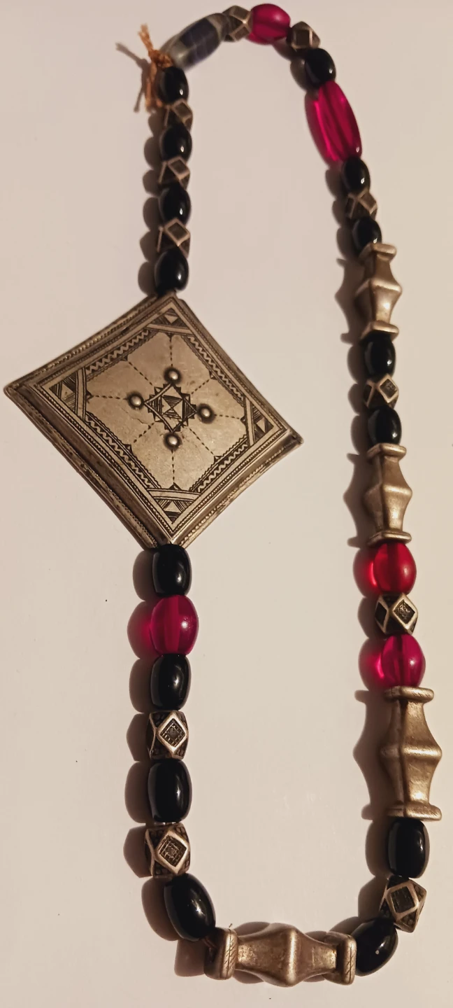 Antique Ethnic Tribal Berber Silver Pendant Beaded Necklace - photo 2