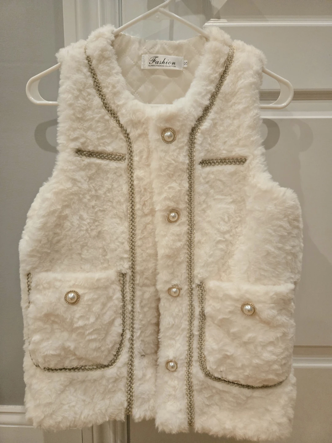 Cream Faux Fur Vest with Pearl Buttons - Size S