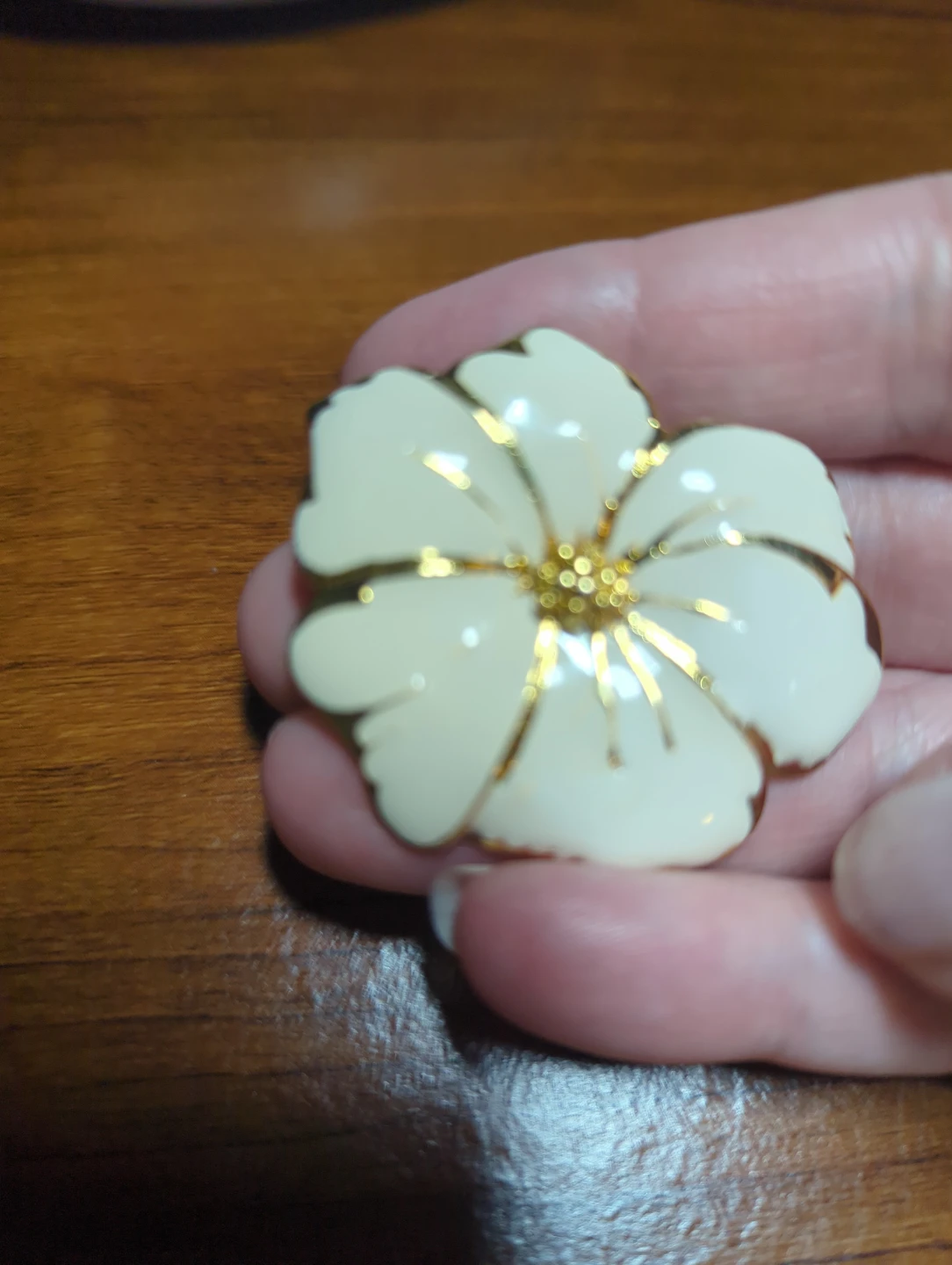 Creamy white enamel and Gold Flower Brooch