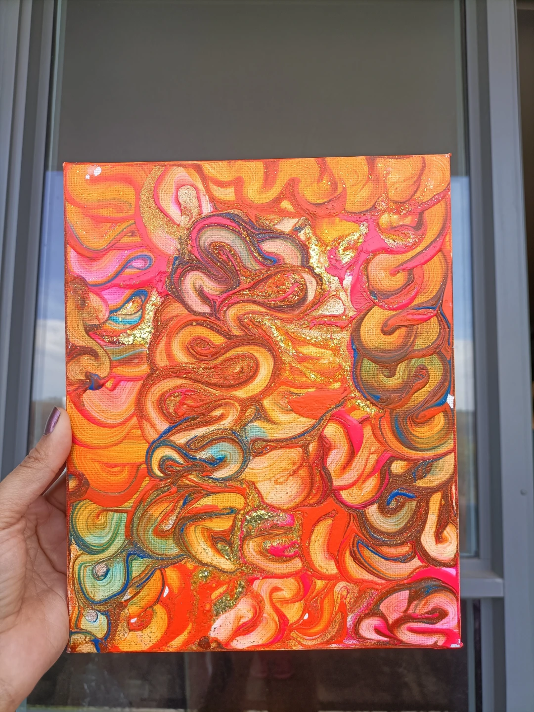 Abstract Swirls Canvas Painting Orange Pink Glitter - photo 3
