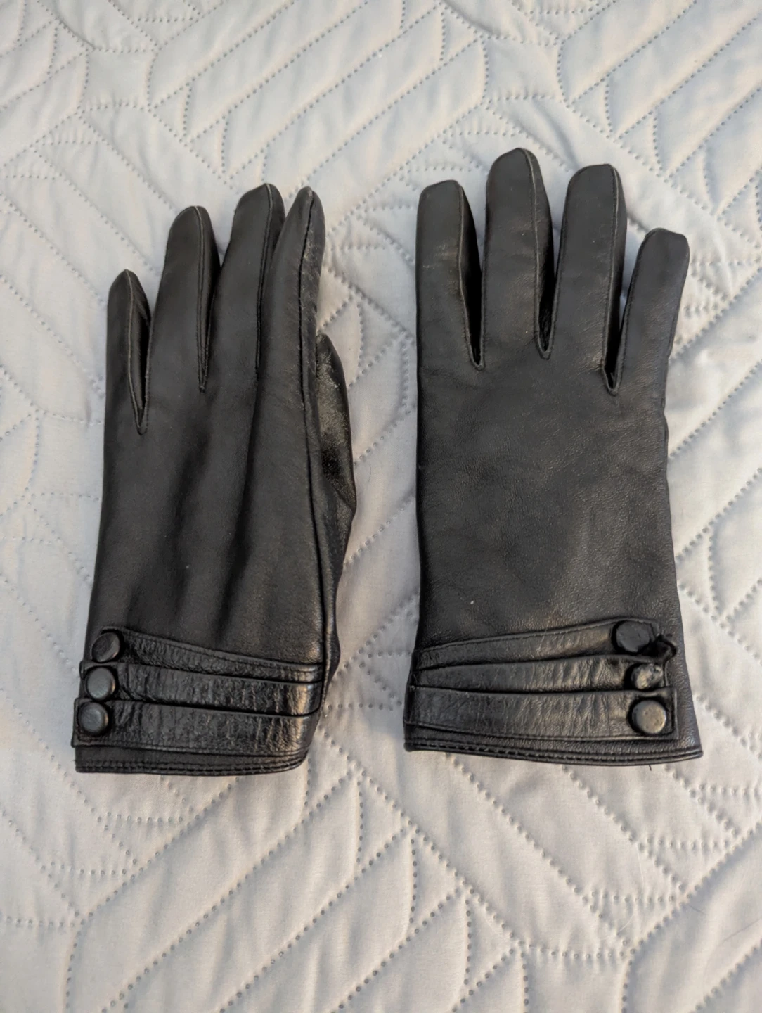 Black Leather Gloves with Button Detail