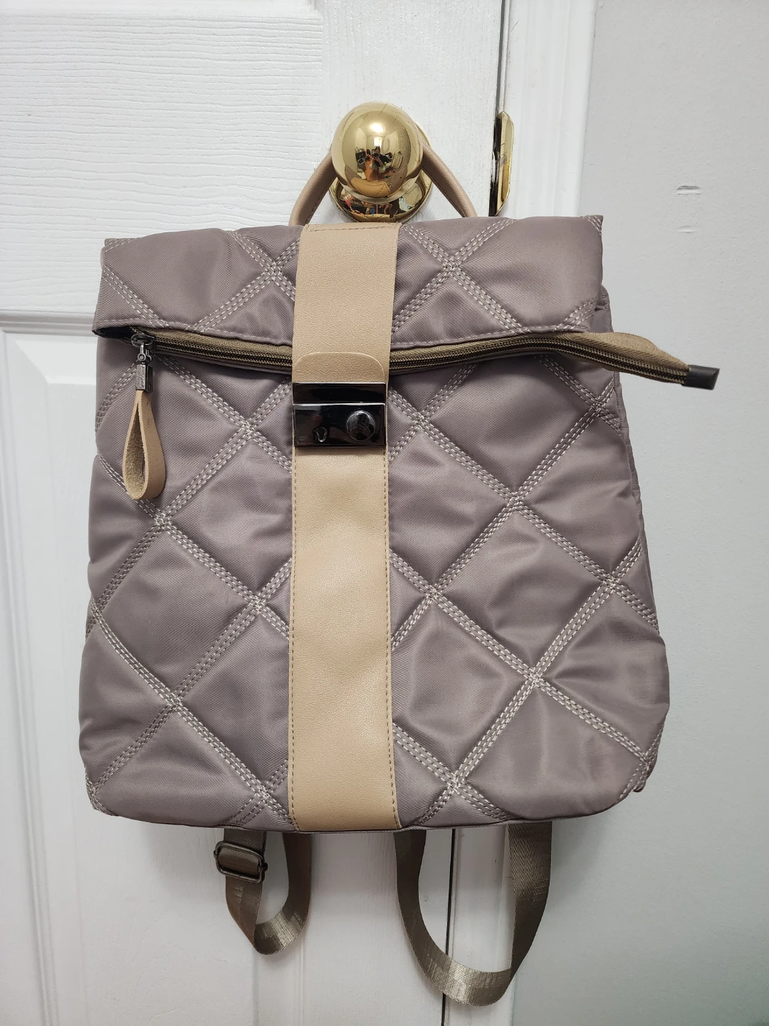 Quilted Nylon Backpack - Taupe & Tan - Water Resistant