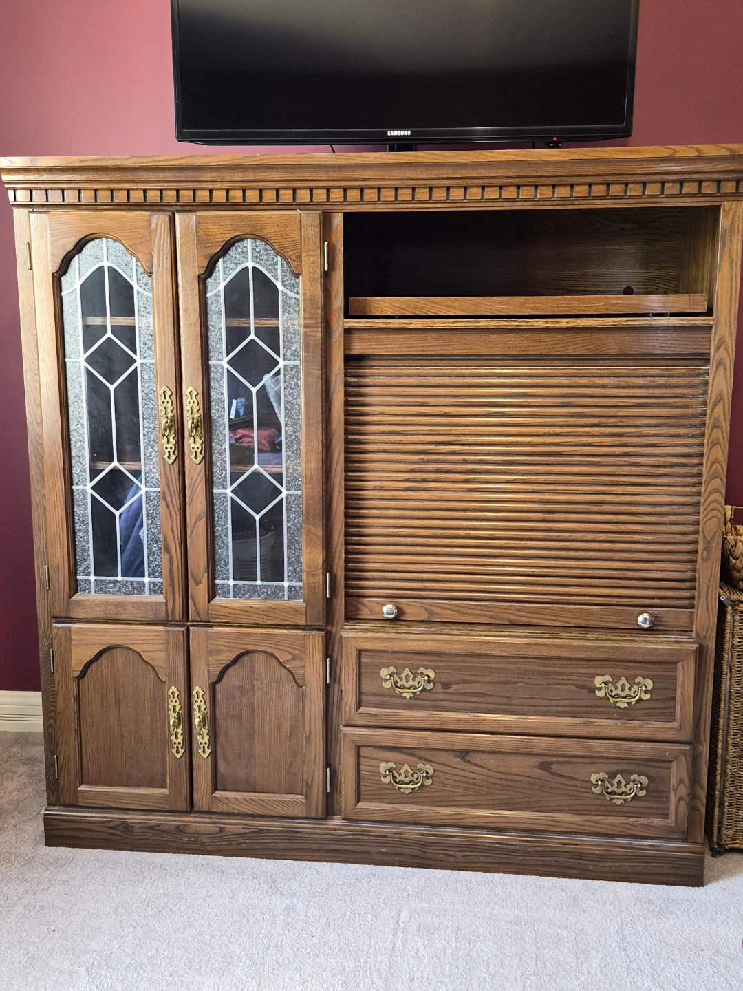 Wooden Entertainment Unit with Glass Doors and Drawers