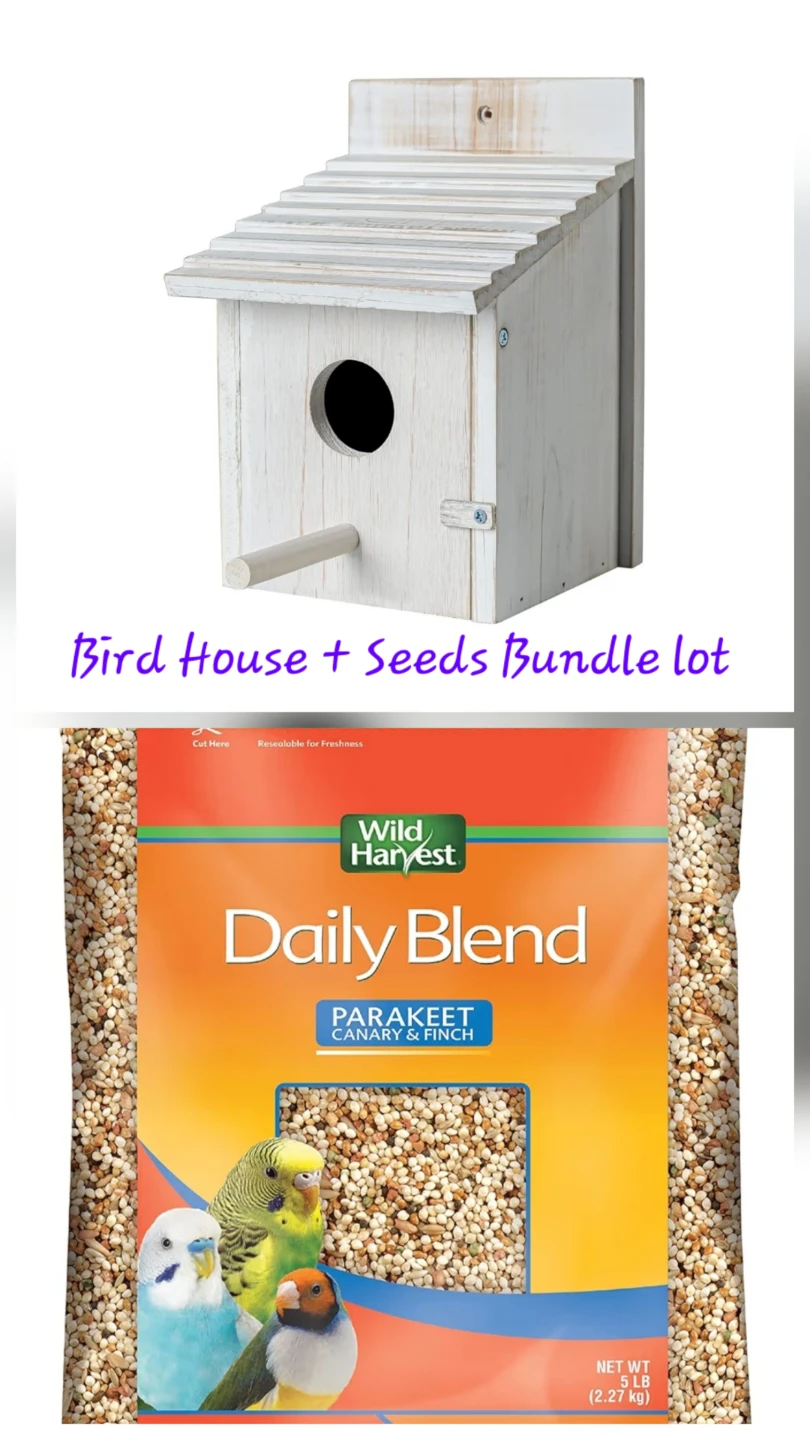 Wooden Bird House + Bird Seed Bundle Lot Outdoor Finch