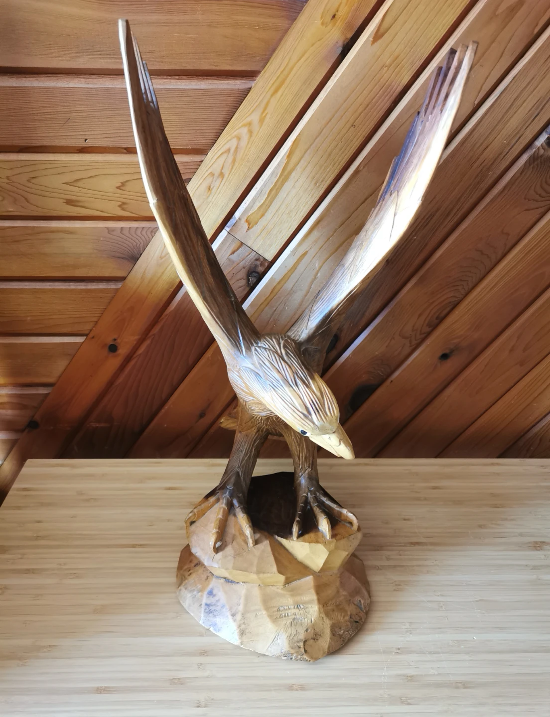 Vintage Hand Carved Wooden Eagle Tall Sculpture Glass Eyes - photo 4