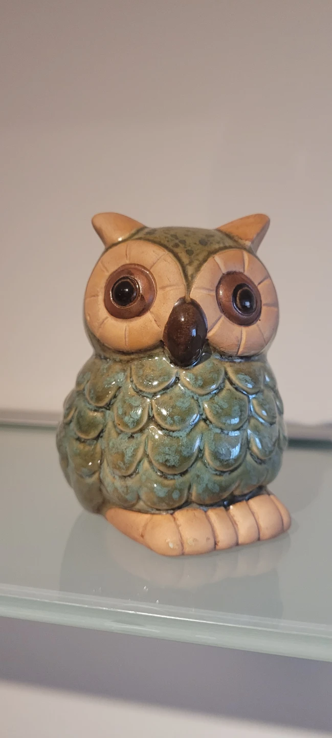 New Vintage Clay Pottery Owl Figurine Green Glazed