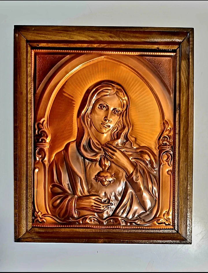 Vtg  Copper Repousse Art Heart of Mary