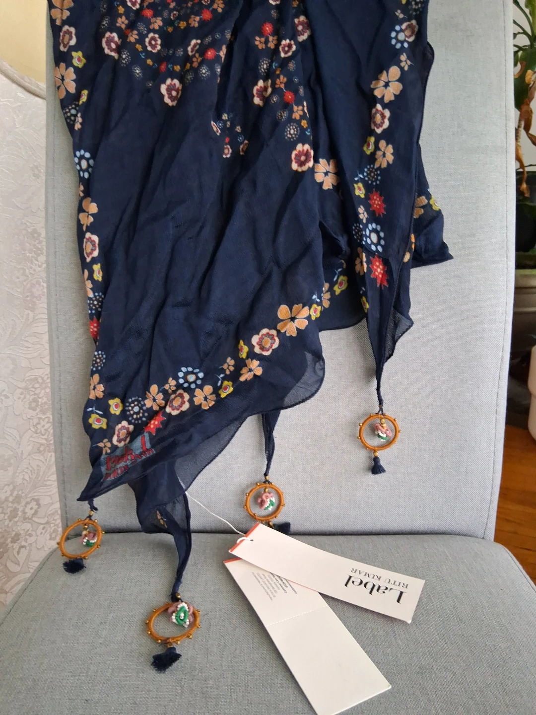 Ritu Kumar Navy Floral Scarf with Tassels