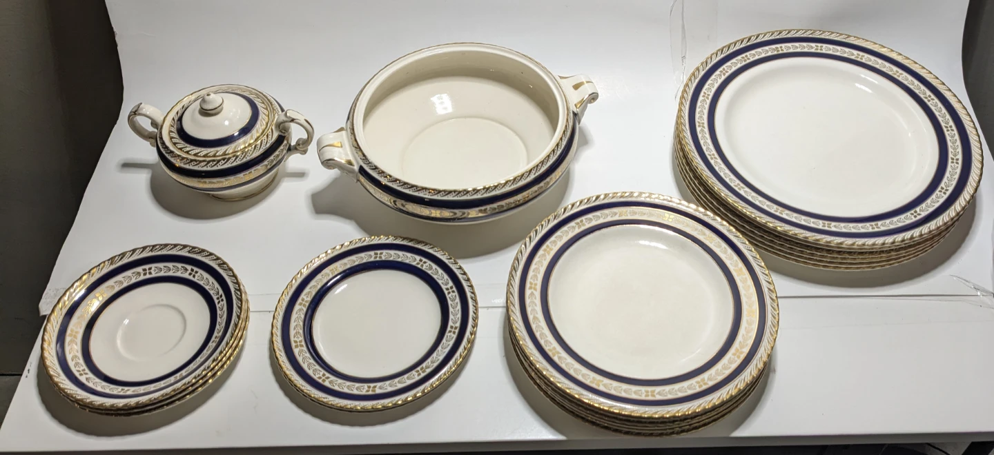 Vintage Dinnerware Set - Blue, Gold & White China