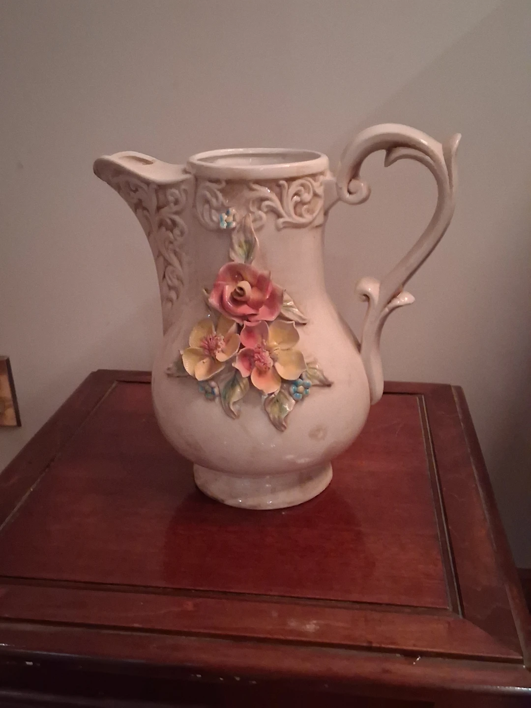 Decorative Ceramic Pitcher with Floral Appliques