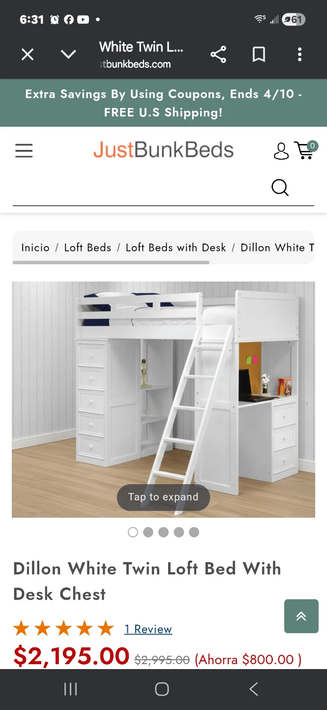 Wooden Twin Loft Bed with Desk and Drawers$200