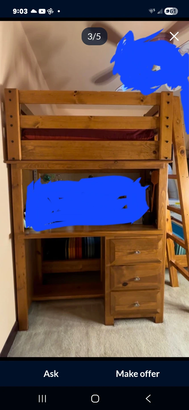Wooden Twin Loft Bed with Desk and Drawers$200 - photo 4