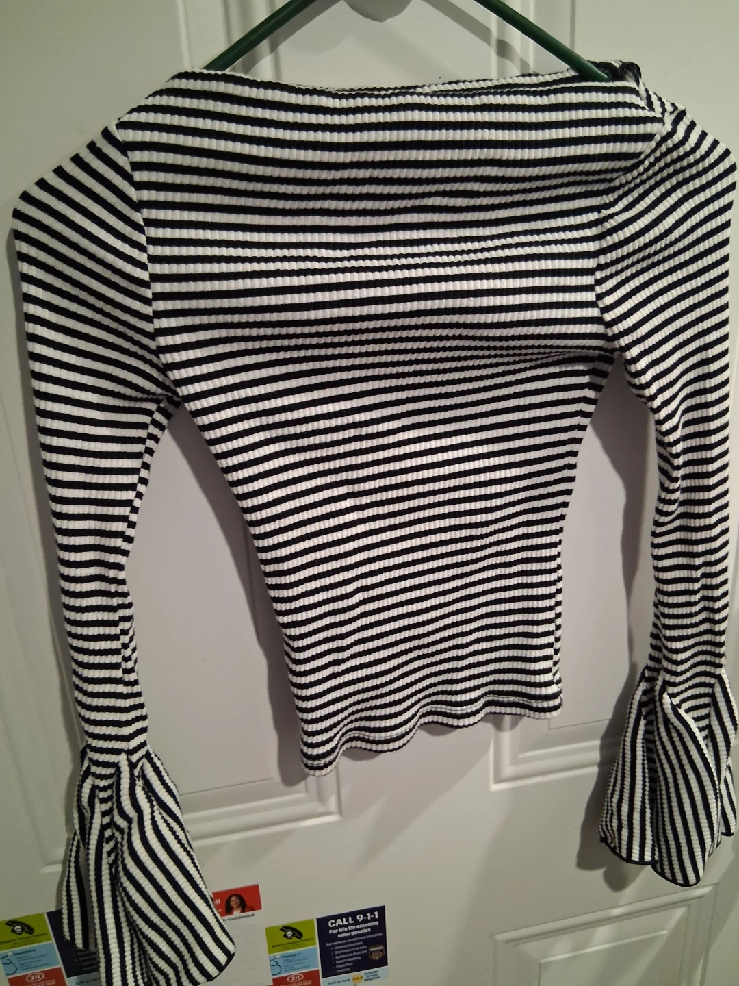 Women's Black and White Striped Bell Sleeve Top