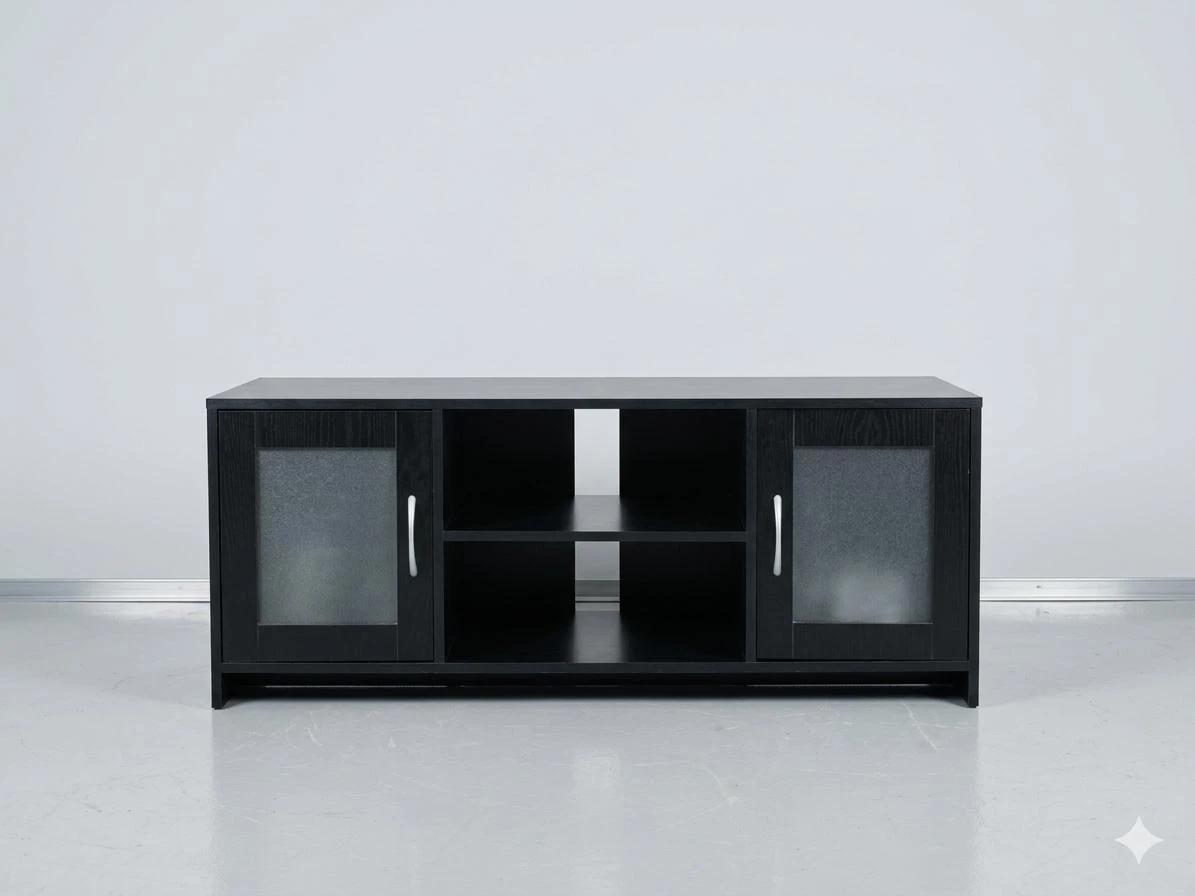 Black TV Stand with Cabinet Doors and Shelves