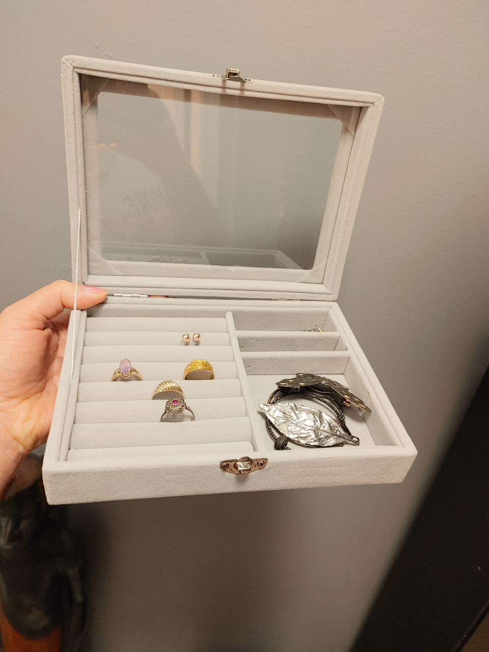 Grey Velvet Jewelry Organizer Box with Clear Lid