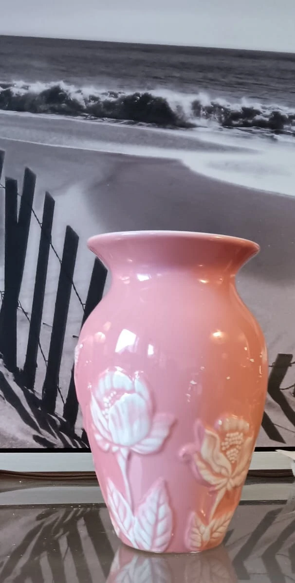 Pink Ceramic Vase with Embossed Flowers and Hummingbird - photo 2