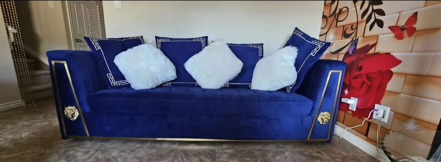 Royal Blue Velvet Sofa with Gold Accents