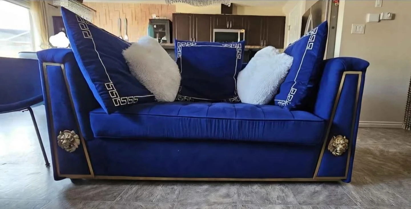 Royal Blue Velvet Sofa with Gold Accents - photo 2