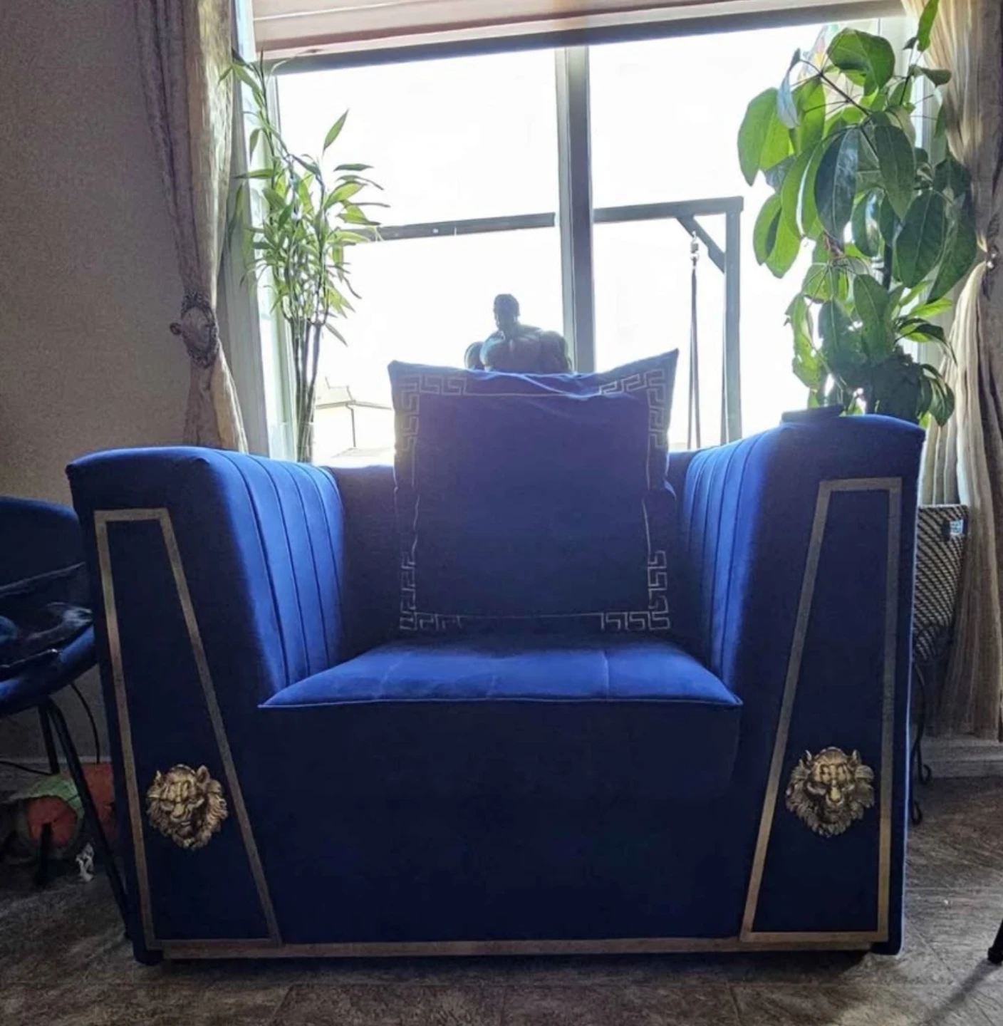 Royal Blue Velvet Sofa with Gold Accents - photo 3