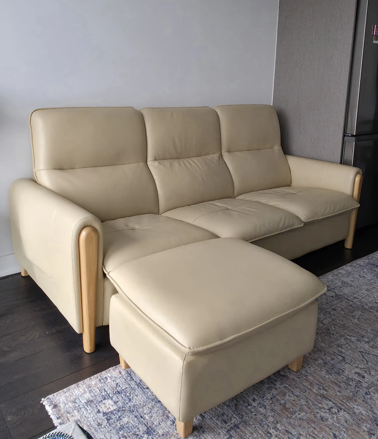 Cream Leather Sofa with Ottoman