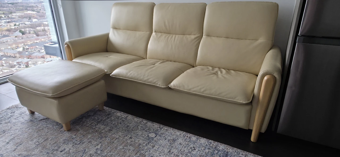 Cream Leather Sofa with Ottoman - photo 2