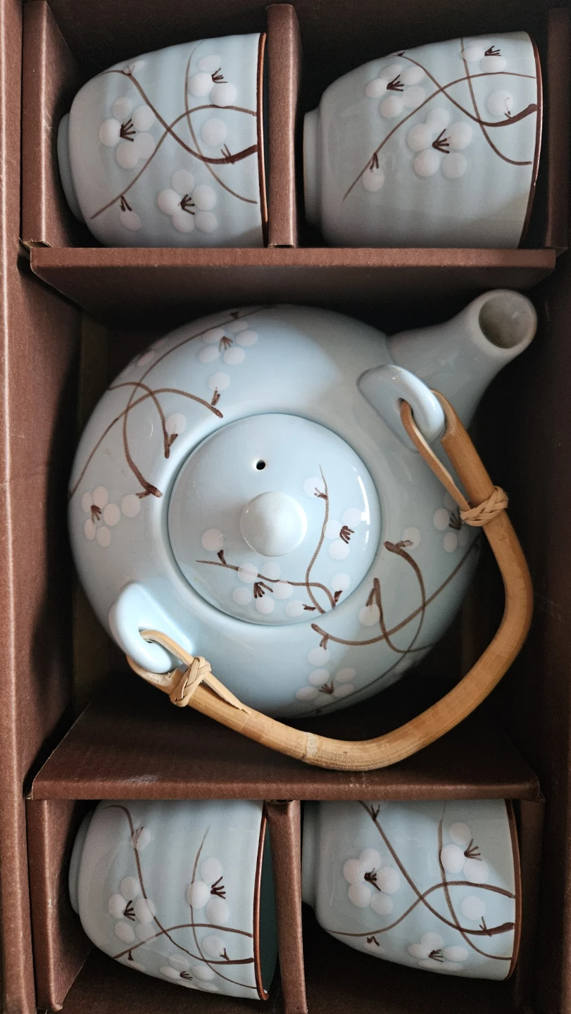 Blue Ceramic Teapot and Cups Set with Cherry Blossom Design