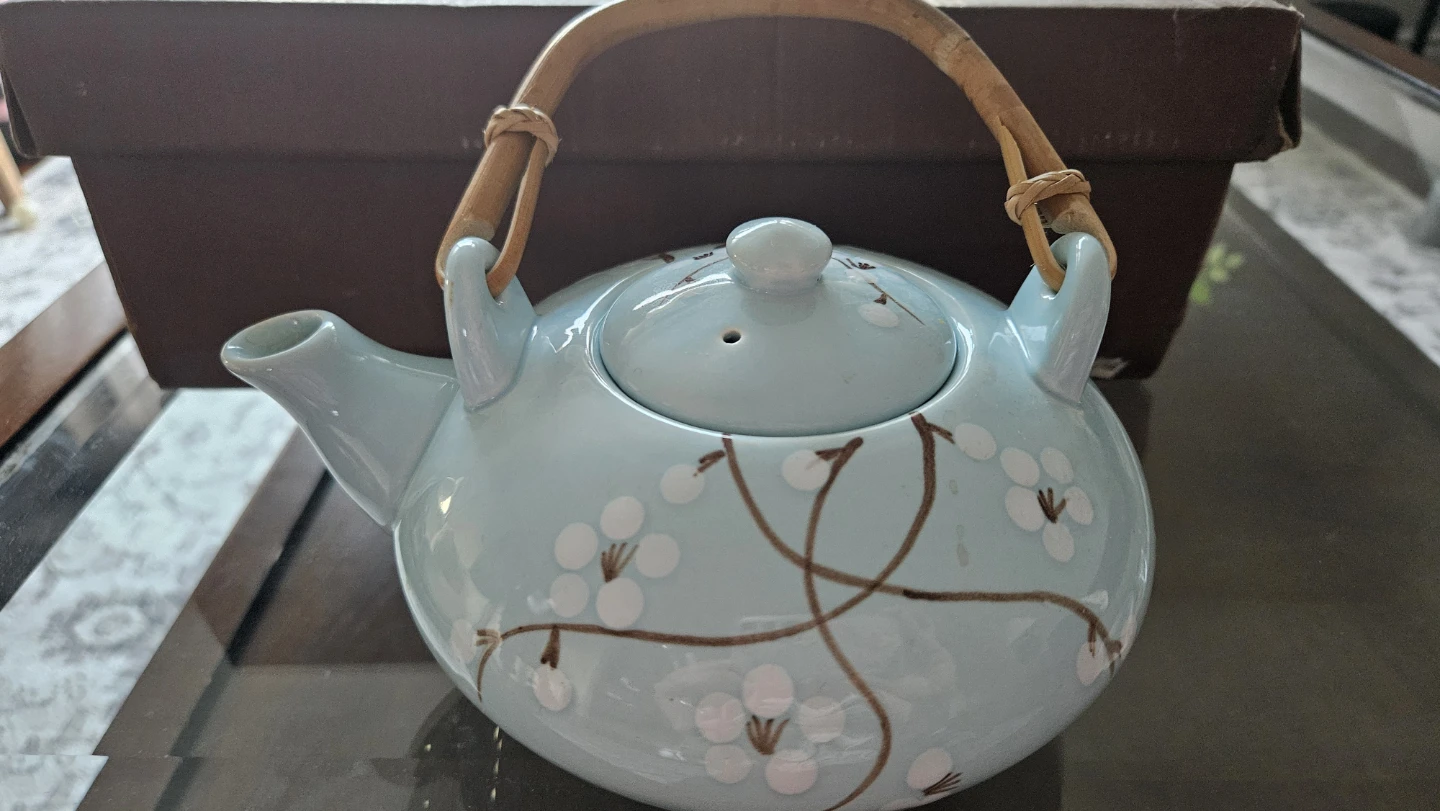 Blue Ceramic Teapot and Cups Set with Cherry Blossom Design - photo 2