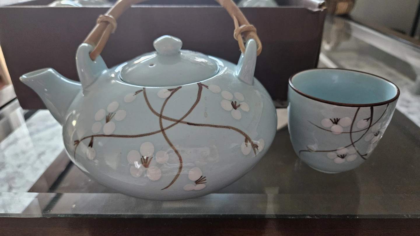 Blue Ceramic Teapot and Cups Set with Cherry Blossom Design - photo 3