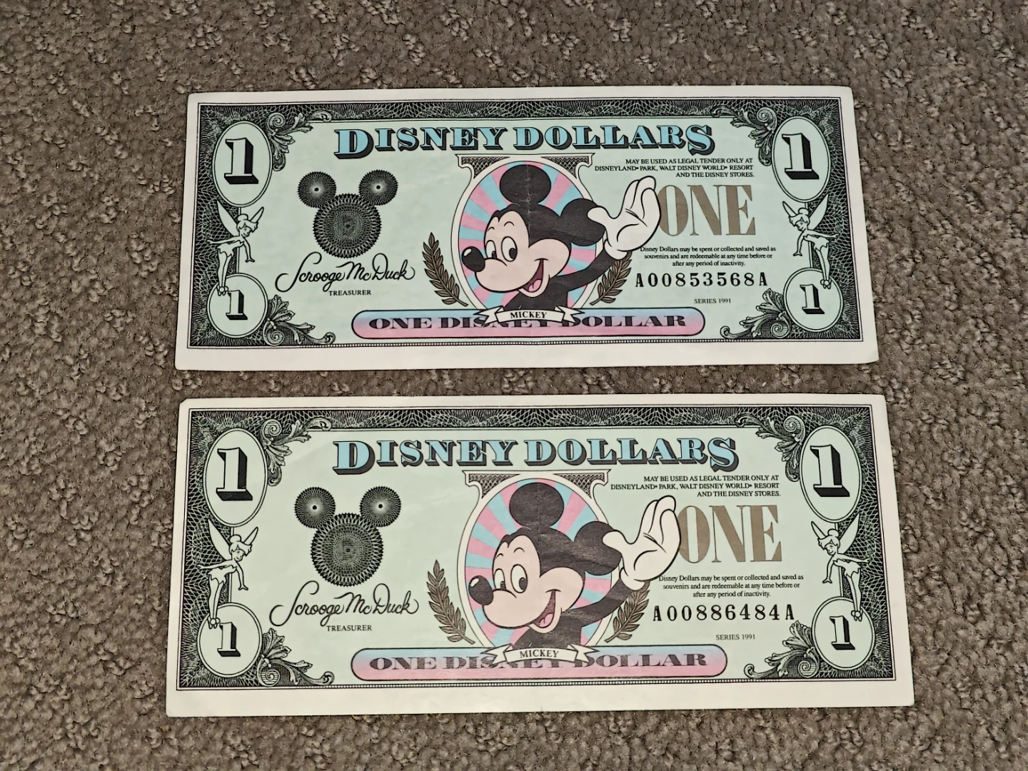 Vintage 1991 Disney Dollars $1 Notes (Mickey & Tinkerbell) Pair