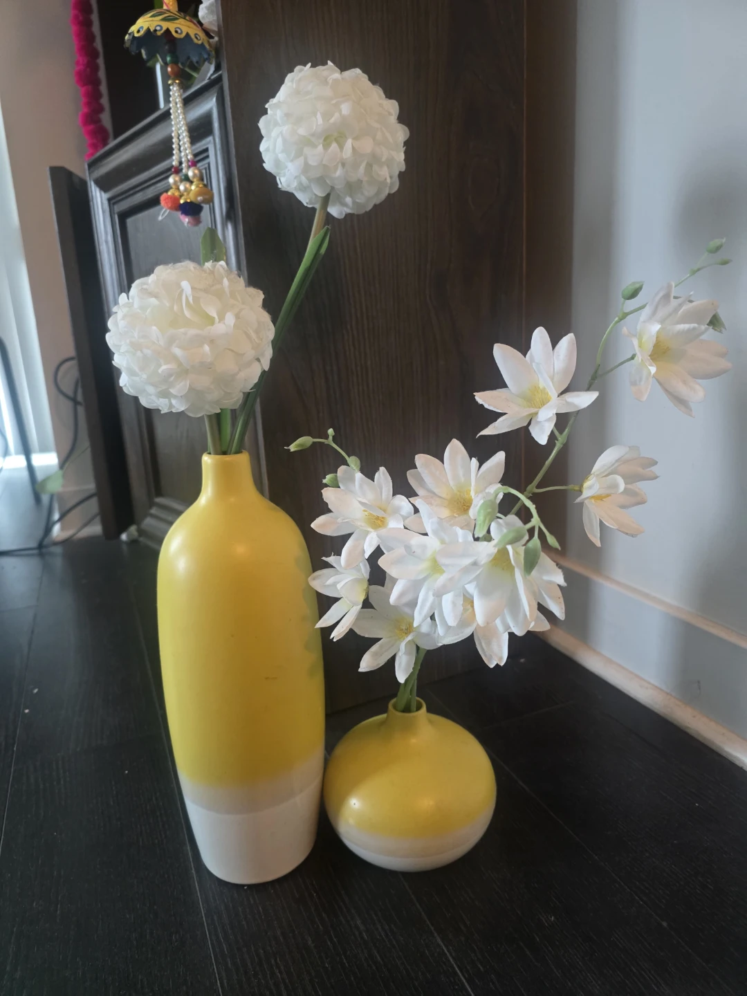 Decorative Yellow Vases with Artificial Flowers