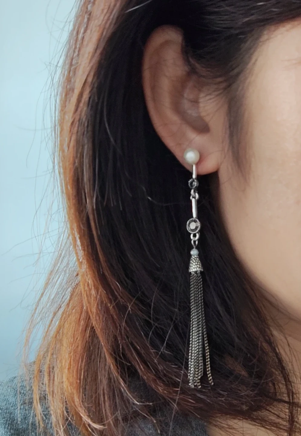Silver-tone Dangly Tassel Earrings with Pearl Studs - photo 2