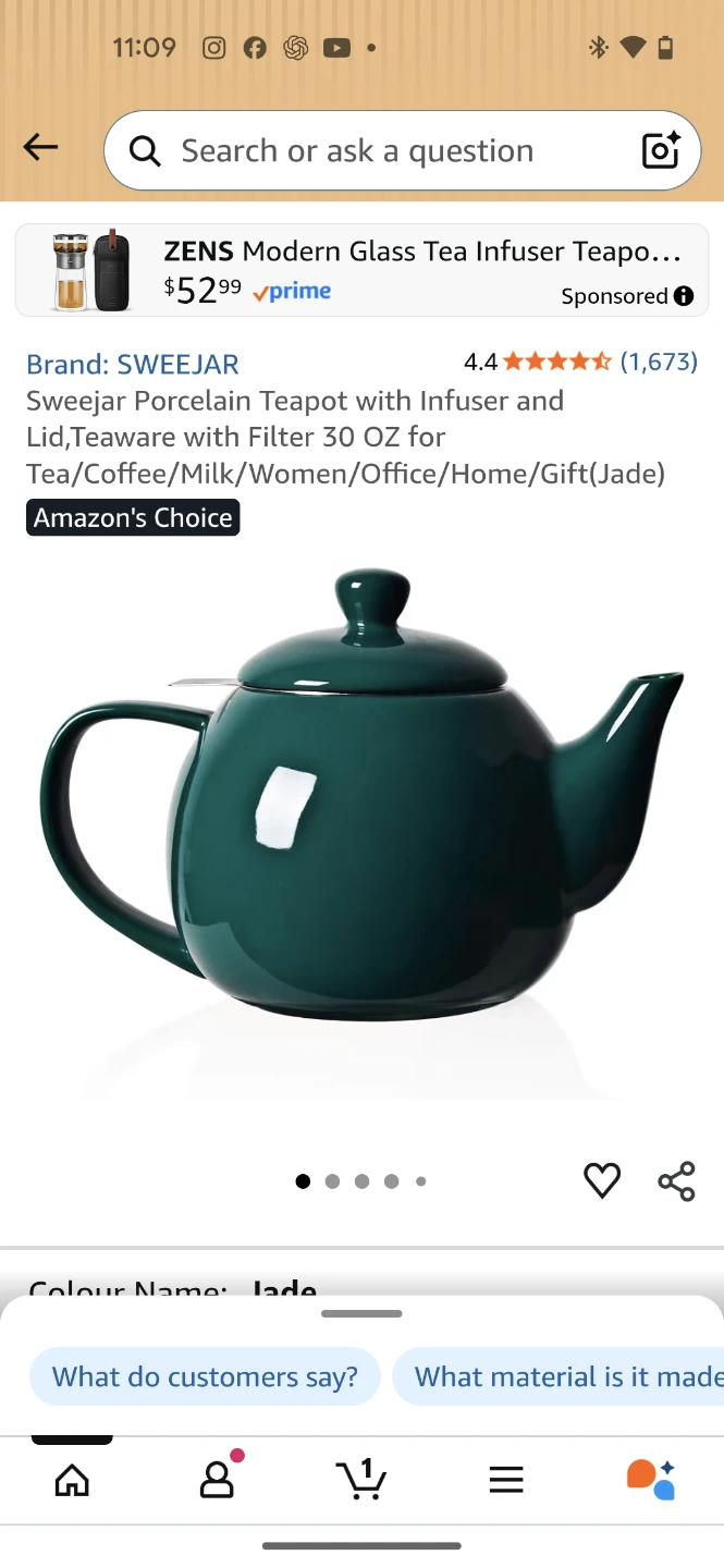 Sweejr Porcelain Teapot with Infuser - Jade Green, 30 OZ