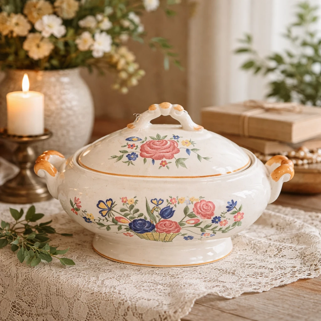 Vintage Floral Ceramic Tureen with Lid